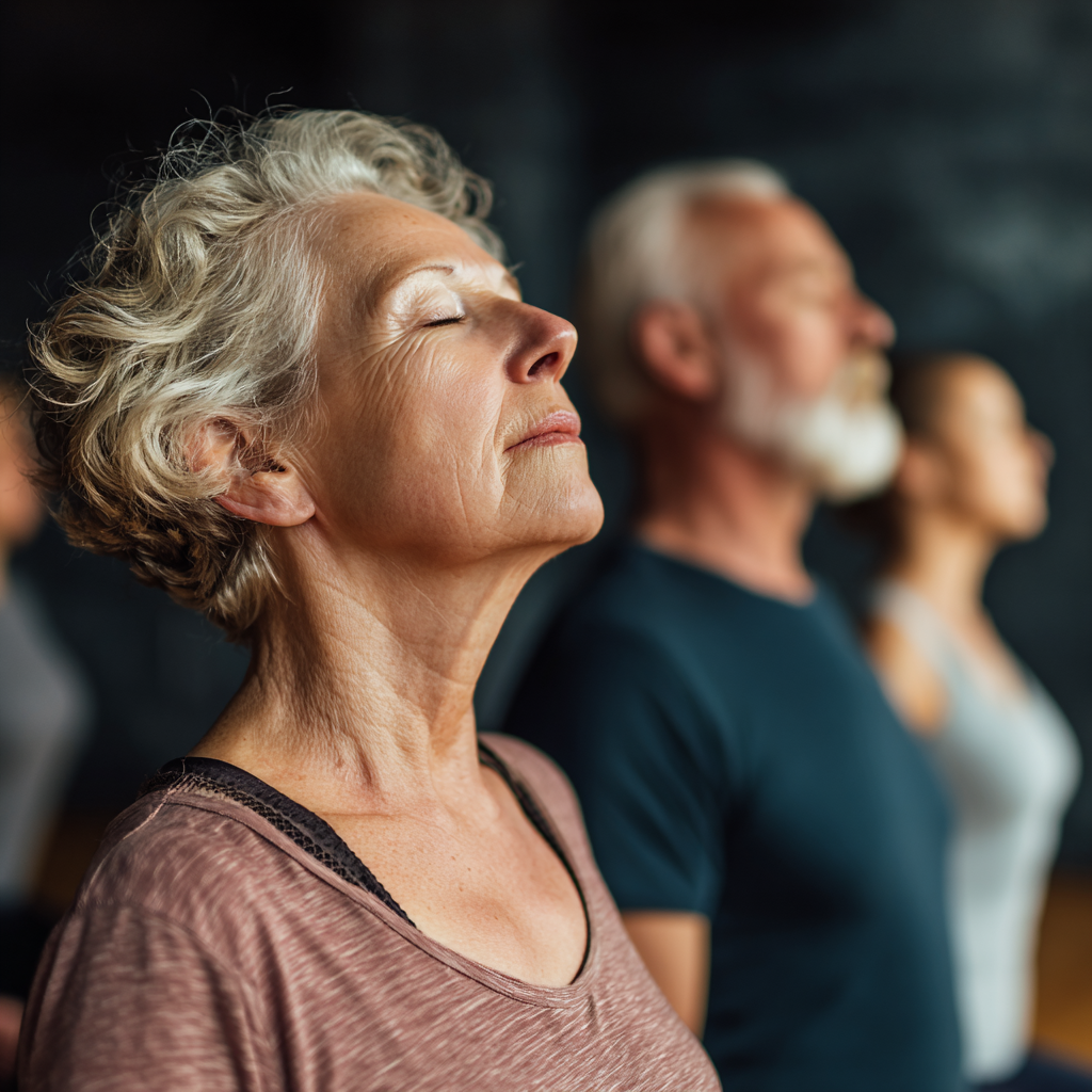 Older adults in comfortable yoga session focusing on breathing and gentle stretching